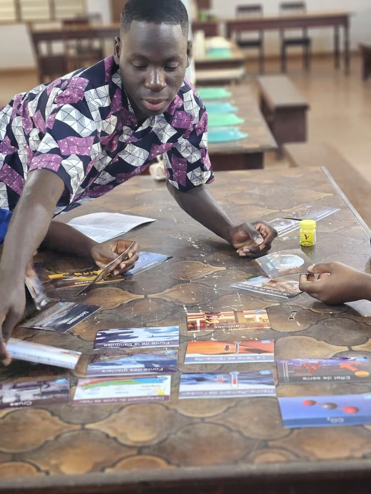 Participant positionnant les cartes de la Fresque du Climat lors d'un atelier au Bénin